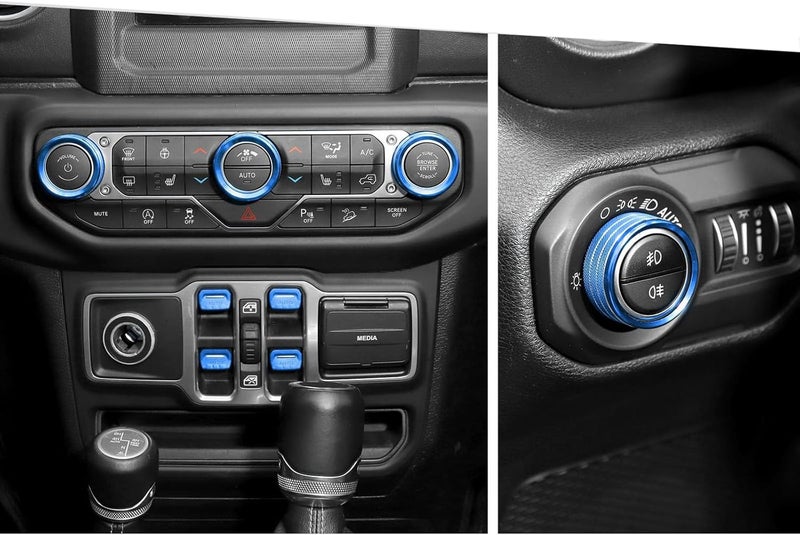 Jimen Fit for Jeep Wrangler JL JLU 2018-2025 & Gladiator JT 2020-2025, 8PCS Window Button Trim & Audio Volume Radio Knob AC Control Ring Air Conditioning Knob & Headlight Switch Knob Cover (Blue) - Image 1